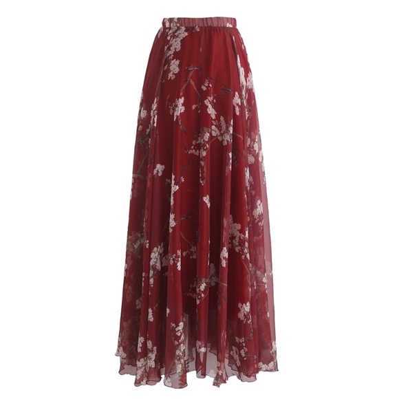 Floral Chiffon Circle Women High Waist Maxi Skirt Relaxed Lightweight Chic Skirt - Picture 7 of 9